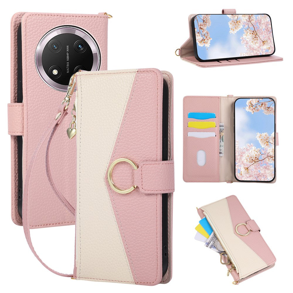 Wallet Case for Honor Magic7 Lite 5G / X9c 5G / X60 Pro 5G Triangular Splicing Zipper Leather Flip Cover with Wrist Strap