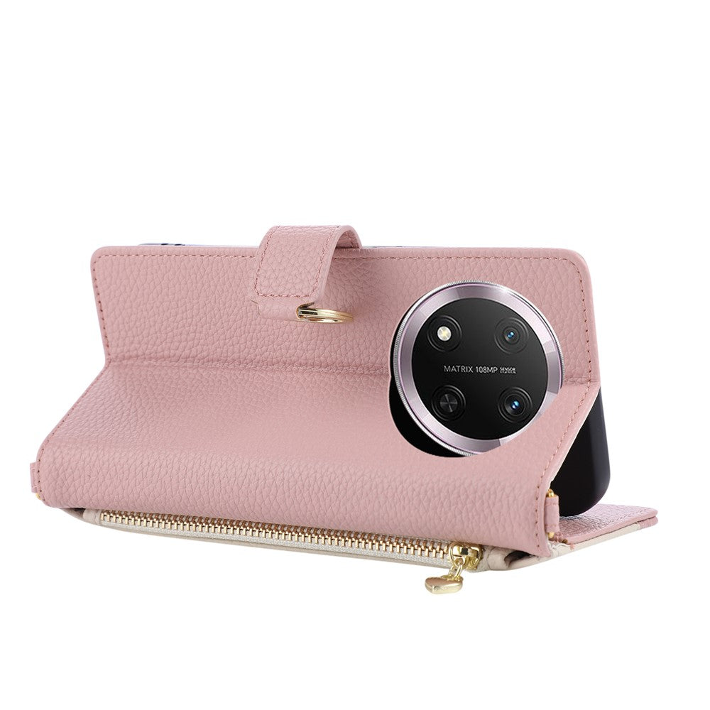 Wallet Case for Honor Magic7 Lite 5G / X9c 5G / X60 Pro 5G Triangular Splicing Zipper Leather Flip Cover with Wrist Strap