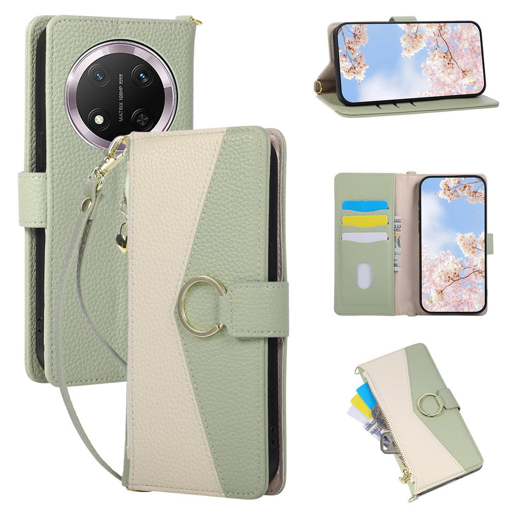 Wallet Case for Honor Magic7 Lite 5G / X9c 5G / X60 Pro 5G Triangular Splicing Zipper Leather Flip Cover with Wrist Strap