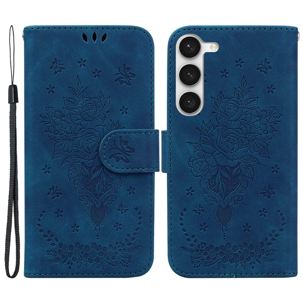 Samsung Galaxy S23 Präglad Rosenfjäril PU-läder Flipfodral Stativ TPU Innerskal Magnetisk Stängning Plånboksfodral med Rem