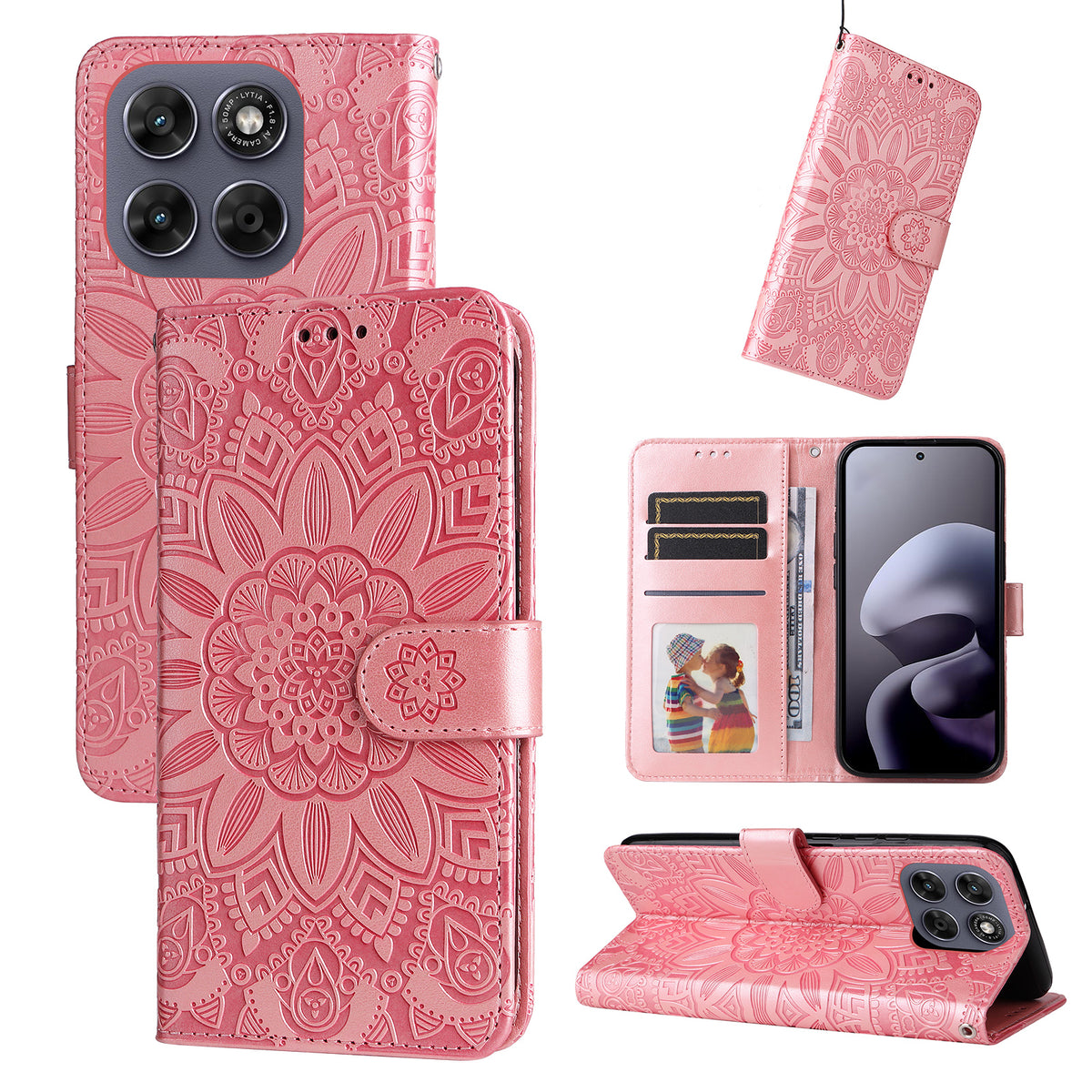 Læderpung-etui med solsikkeaftryk til Motorola Moto G87 5G / G77 5G / G67 5G