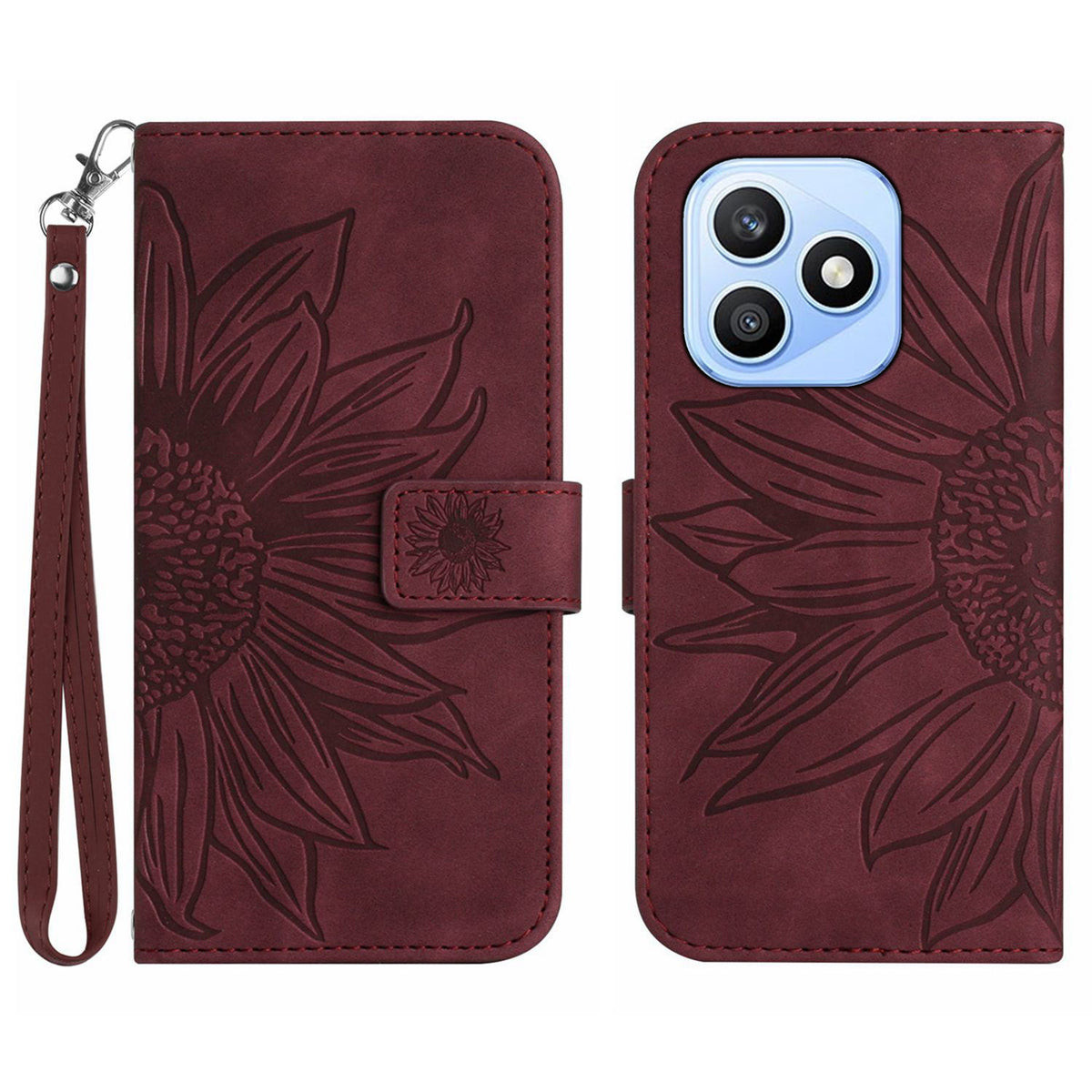 For Honor X8d 4G Case Sunflower Imprint Leather Wallet Phone Cover with Wrist Strap