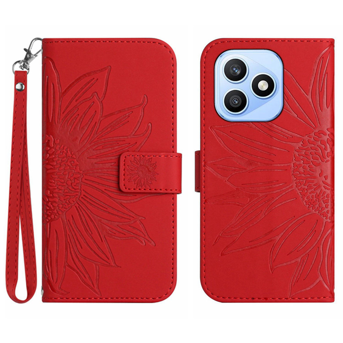 For Honor X8d 4G Case Sunflower Imprint Leather Wallet Phone Cover with Wrist Strap