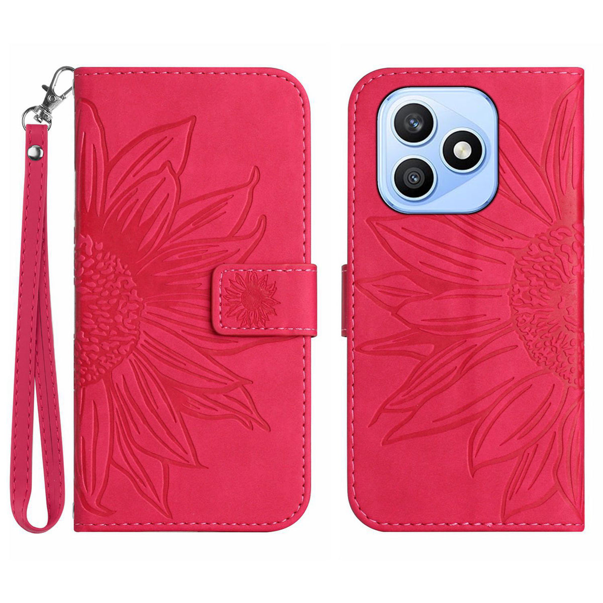 For Honor X8d 4G Case Sunflower Imprint Leather Wallet Phone Cover with Wrist Strap