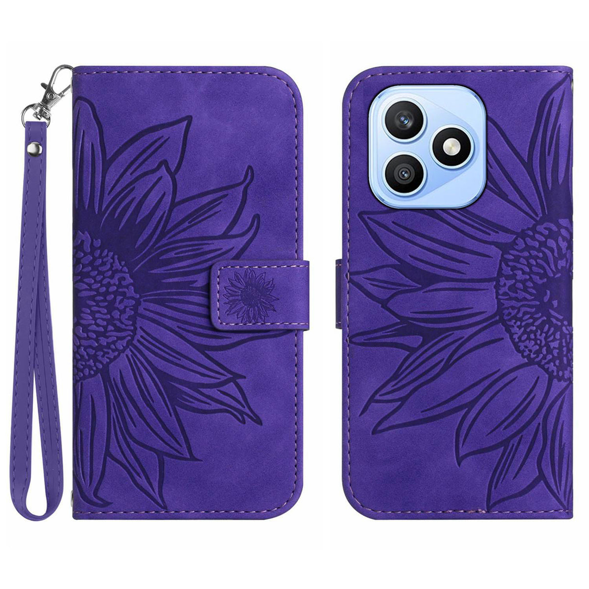 For Honor X8d 4G Case Sunflower Imprint Leather Wallet Phone Cover with Wrist Strap