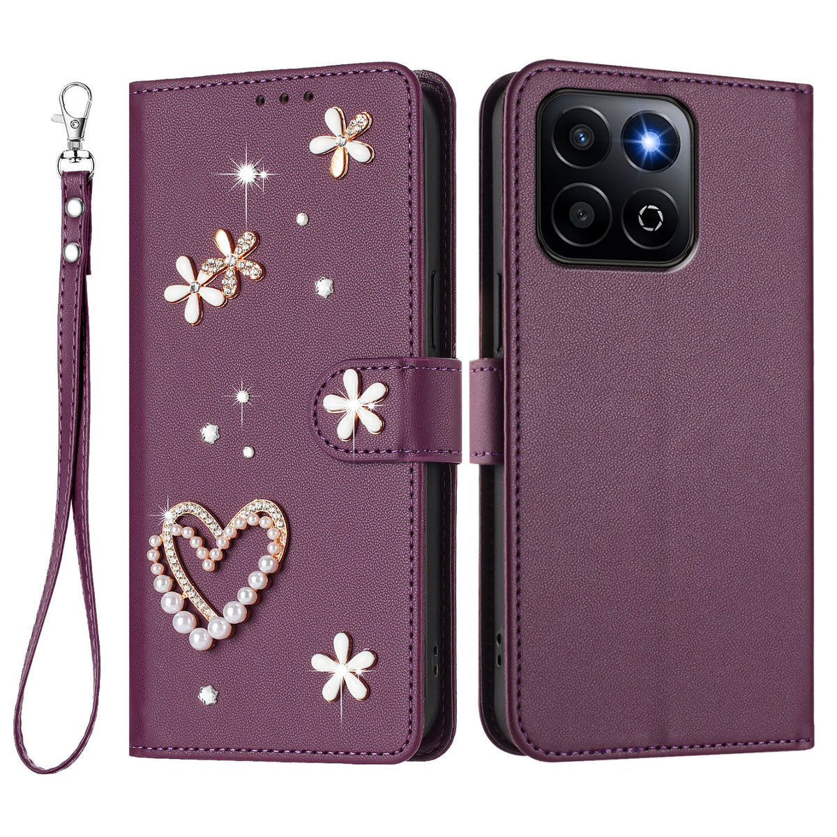 For Honor 400 Smart 4G / Honor X7d 5G / Honor 400 Smart 5G Case Pearls Heart Diamond Flower Decor Leather Wallet Phone Cover with Wrist Strap