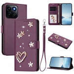 For Honor 400 Smart 4G / Honor X7d 5G / Honor 400 Smart 5G Case Pearls Heart Diamond Flower Decor Leather Wallet Phone Cover with Wrist Strap