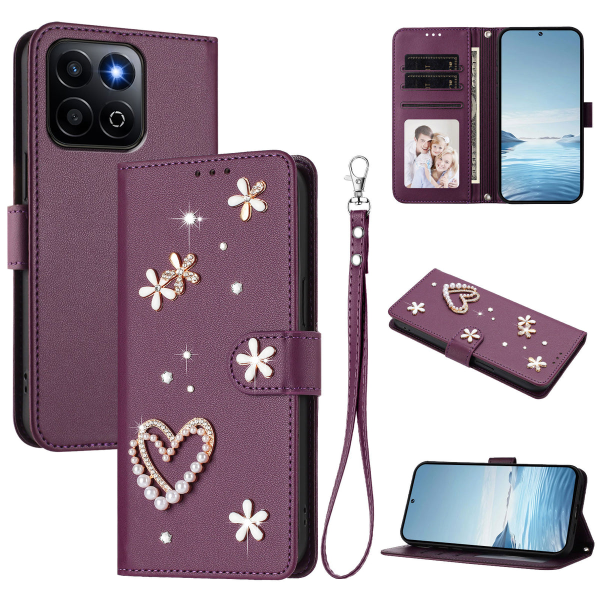 Honor 400 Smart 4G / Honor X7d 5G / Honor 400 Smart 5G-cover med perler, hjerte, diamant, blomsterdekoration, læderpung og håndledsrem