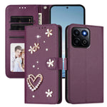 For Honor 400 Smart 4G / Honor X7d 5G / Honor 400 Smart 5G Case Pearls Heart Diamond Flower Decor Leather Wallet Phone Cover with Wrist Strap