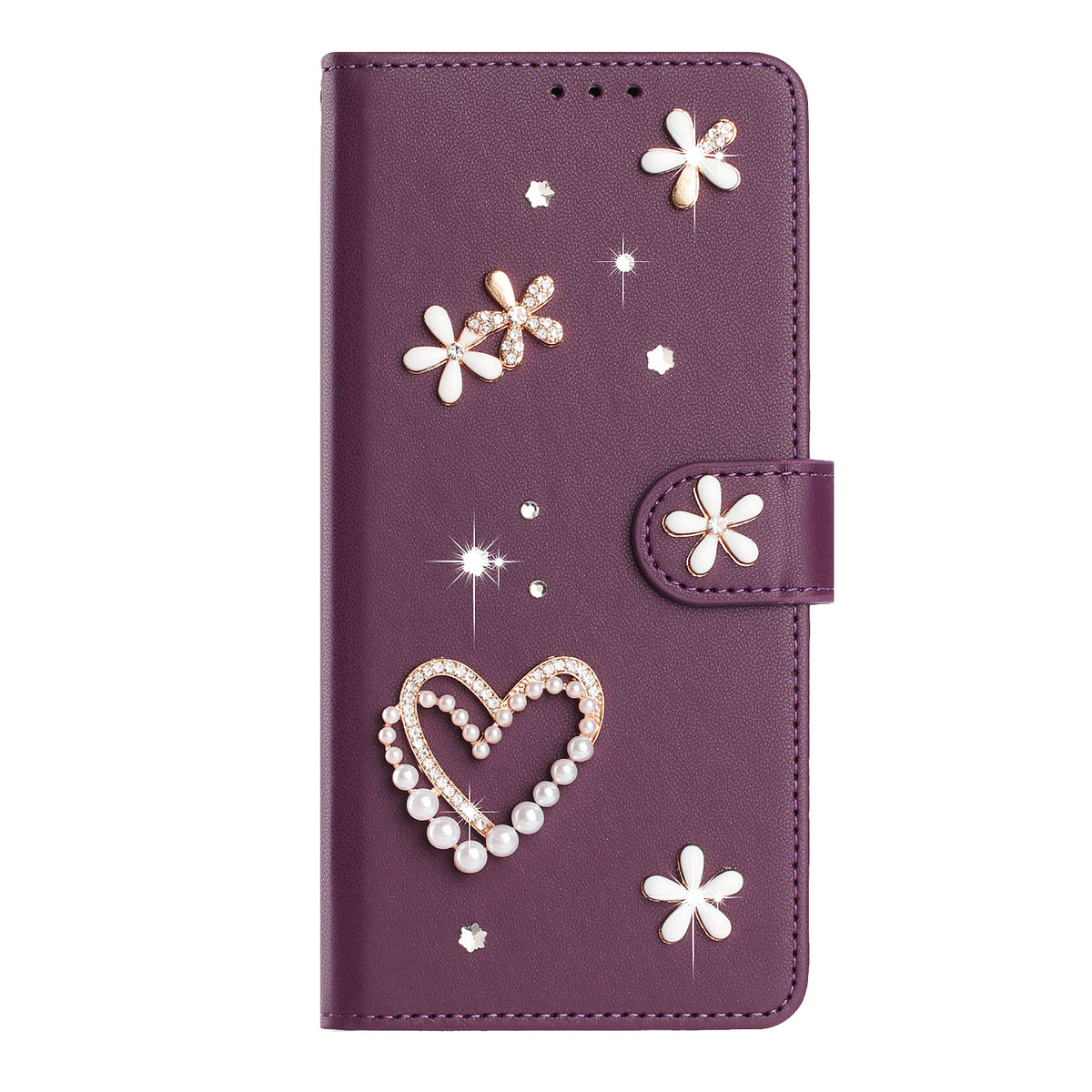 Honor 400 Smart 4G / Honor X7d 5G / Honor 400 Smart 5G-cover med perler, hjerte, diamant, blomsterdekoration, læderpung og håndledsrem