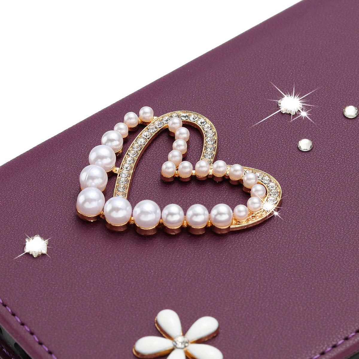 For Honor 400 Smart 4G / Honor X7d 5G / Honor 400 Smart 5G Case Pearls Heart Diamond Flower Decor Leather Wallet Phone Cover with Wrist Strap