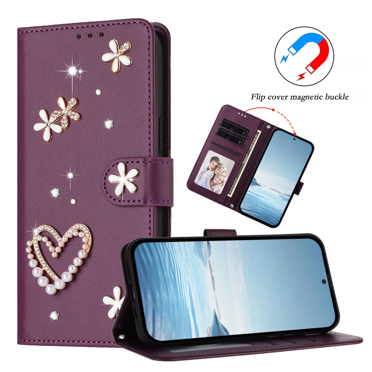 Honor 400 Smart 4G / Honor X7d 5G / Honor 400 Smart 5G-cover med perler, hjerte, diamant, blomsterdekoration, læderpung og håndledsrem