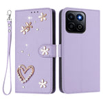 Honor 400 Smart 4G / Honor X7d 5G / Honor 400 Smart 5G-cover med perler, hjerte, diamant, blomsterdekoration, læderpung og håndledsrem