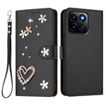 Honor 400 Smart 4G / Honor X7d 5G / Honor 400 Smart 5G-cover med perler, hjerte, diamant, blomsterdekoration, læderpung og håndledsrem
