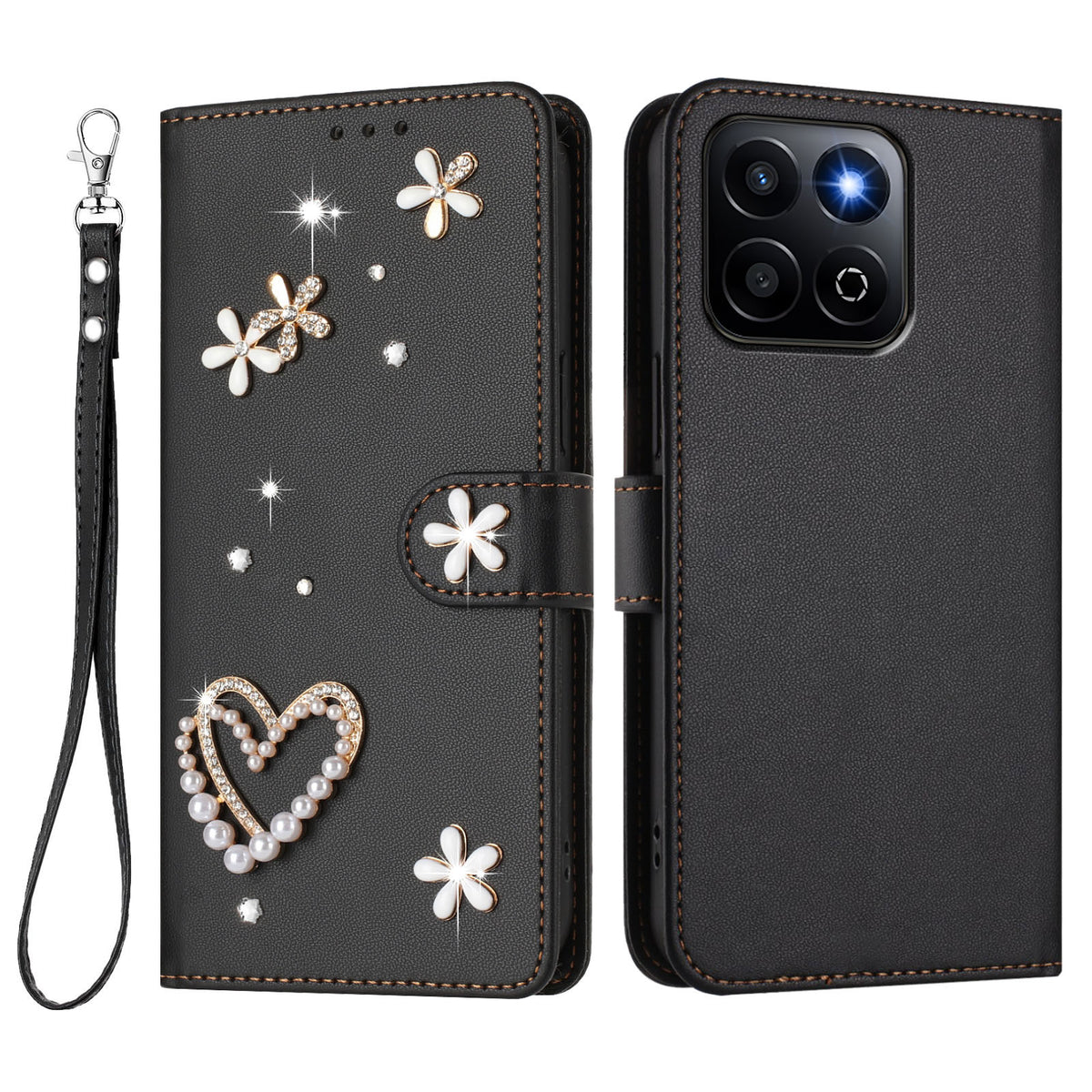Honor 400 Smart 4G / Honor X7d 5G / Honor 400 Smart 5G-cover med perler, hjerte, diamant, blomsterdekoration, læderpung og håndledsrem