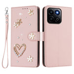 Honor 400 Smart 4G / Honor X7d 5G / Honor 400 Smart 5G-cover med perler, hjerte, diamant, blomsterdekoration, læderpung og håndledsrem