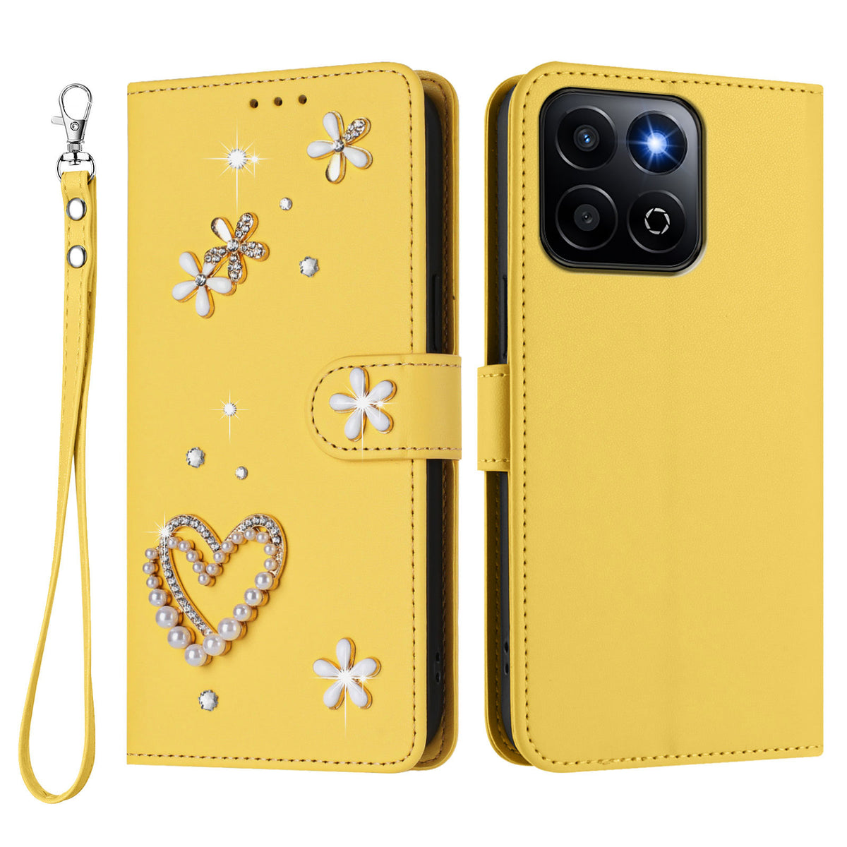 Honor 400 Smart 4G / Honor X7d 5G / Honor 400 Smart 5G-cover med perler, hjerte, diamant, blomsterdekoration, læderpung og håndledsrem