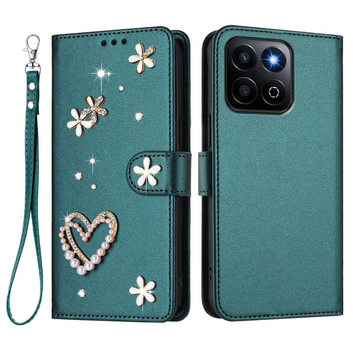 Honor 400 Smart 4G / Honor X7d 5G / Honor 400 Smart 5G-cover med perler, hjerte, diamant, blomsterdekoration, læderpung og håndledsrem