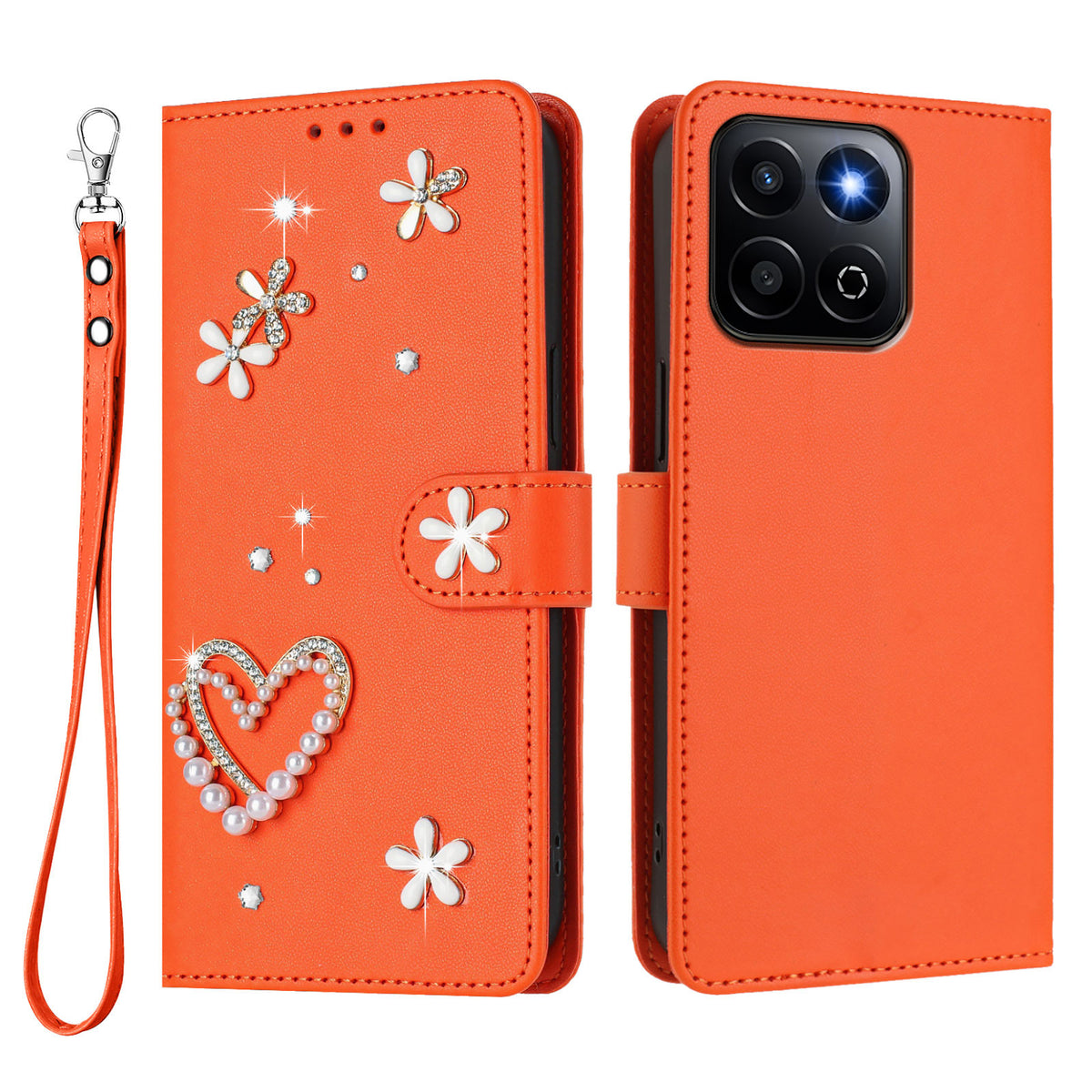 Honor 400 Smart 4G / Honor X7d 5G / Honor 400 Smart 5G-cover med perler, hjerte, diamant, blomsterdekoration, læderpung og håndledsrem