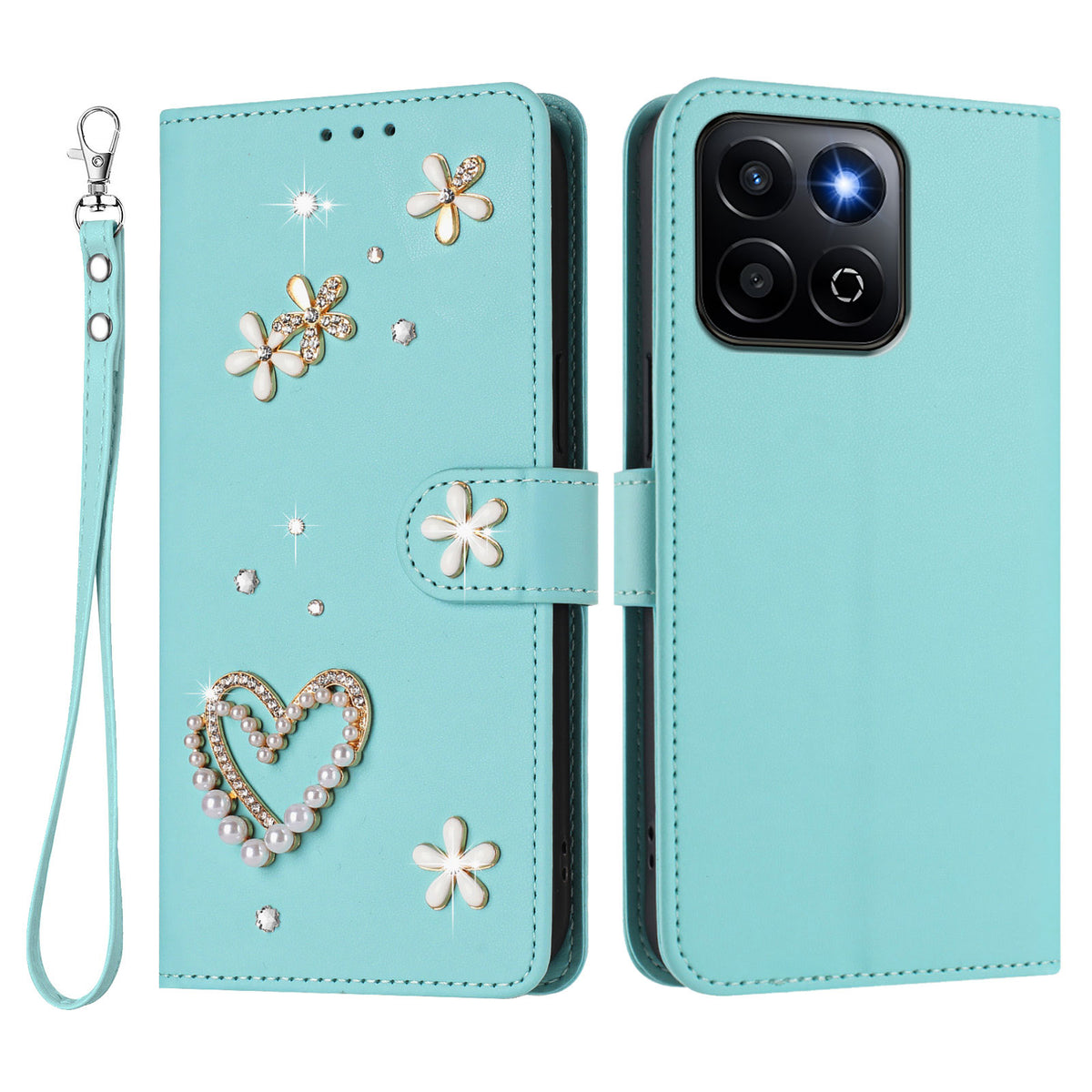 For Honor 400 Smart 4G / Honor X7d 5G / Honor 400 Smart 5G Case Pearls Heart Diamond Flower Decor Leather Wallet Phone Cover with Wrist Strap