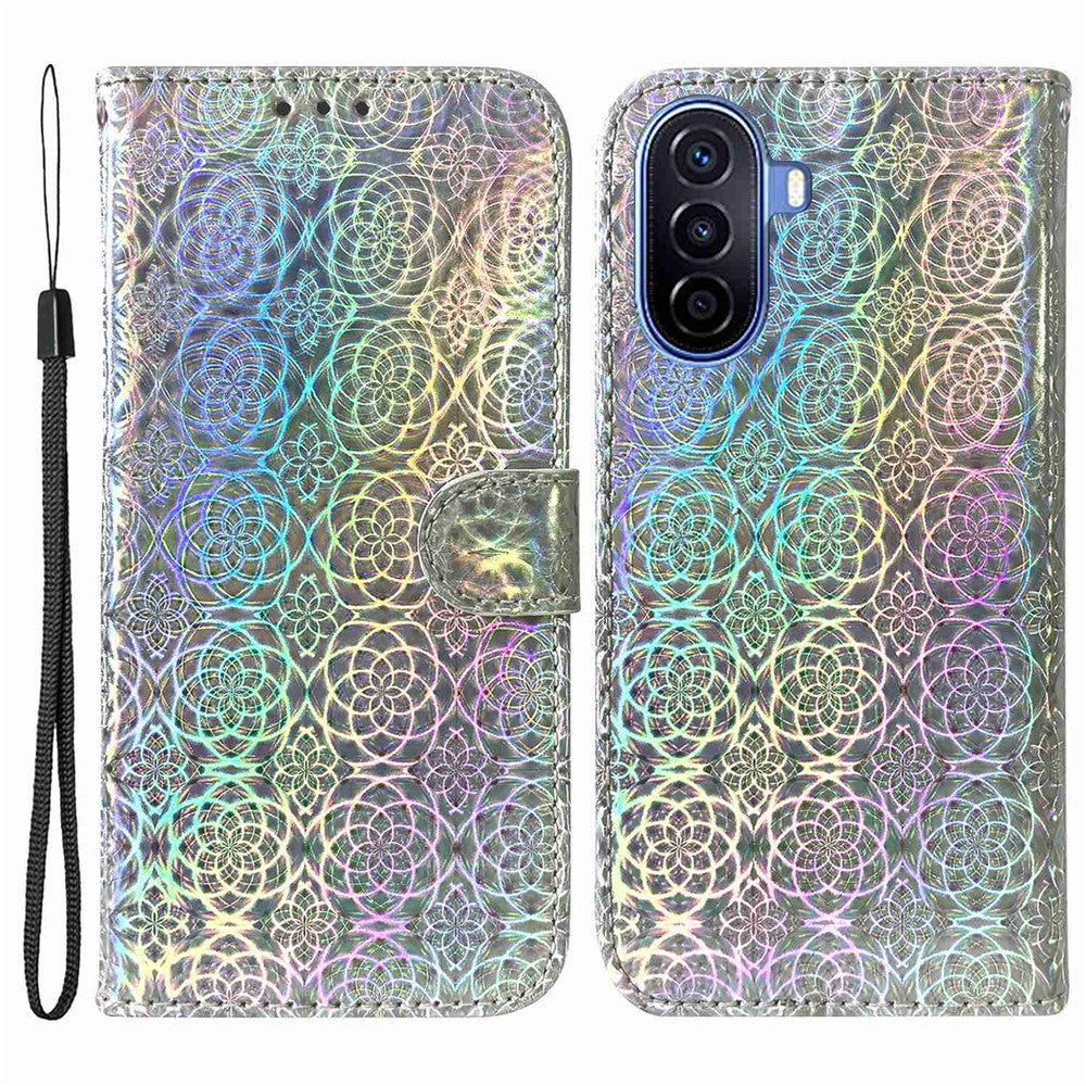 Huawei Nova Y70 Plus 4G Bländande Blommönster Flip mobilskal PU Läder Magnetiskt Spänne Bokstativ Plånboksfodral mobilskal med Rem