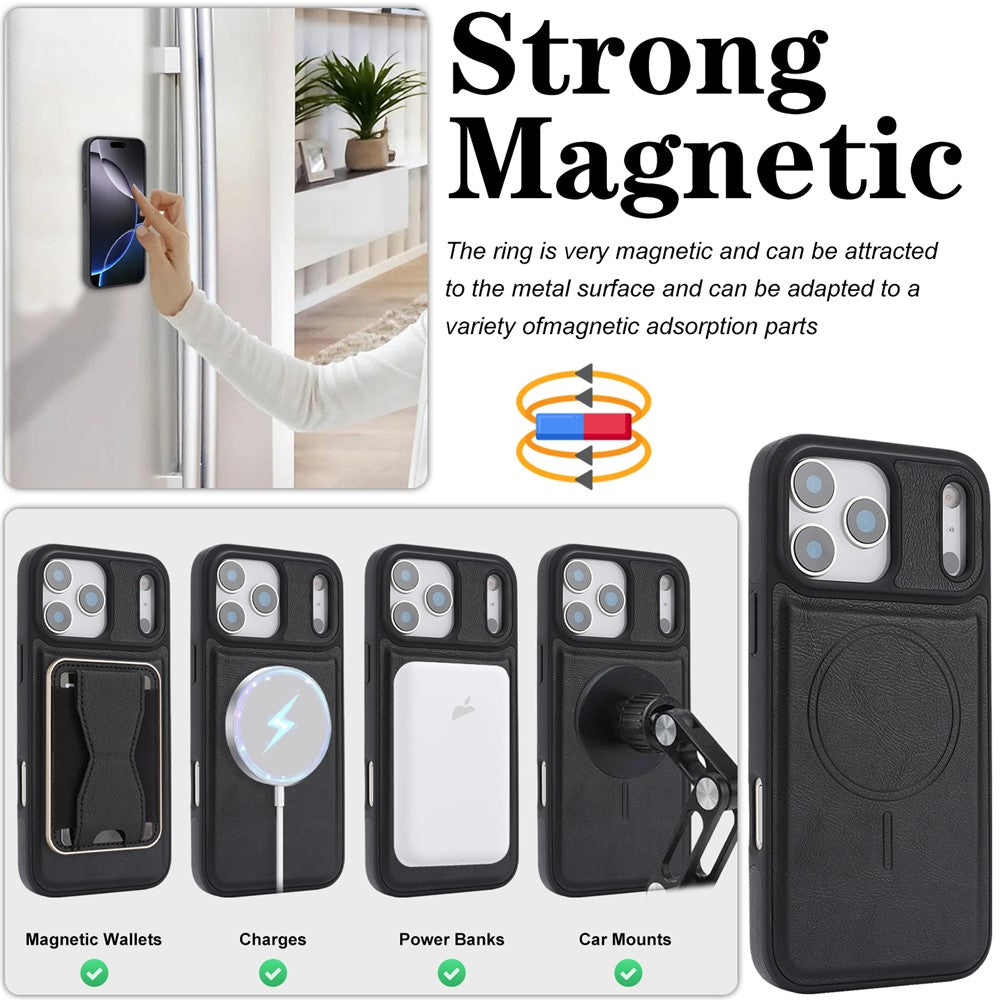 For iPhone 17 Pro Magnetic Case with Detachable Card Holder Kickstand TPU + PU Back Cover Compatible with MagSafe