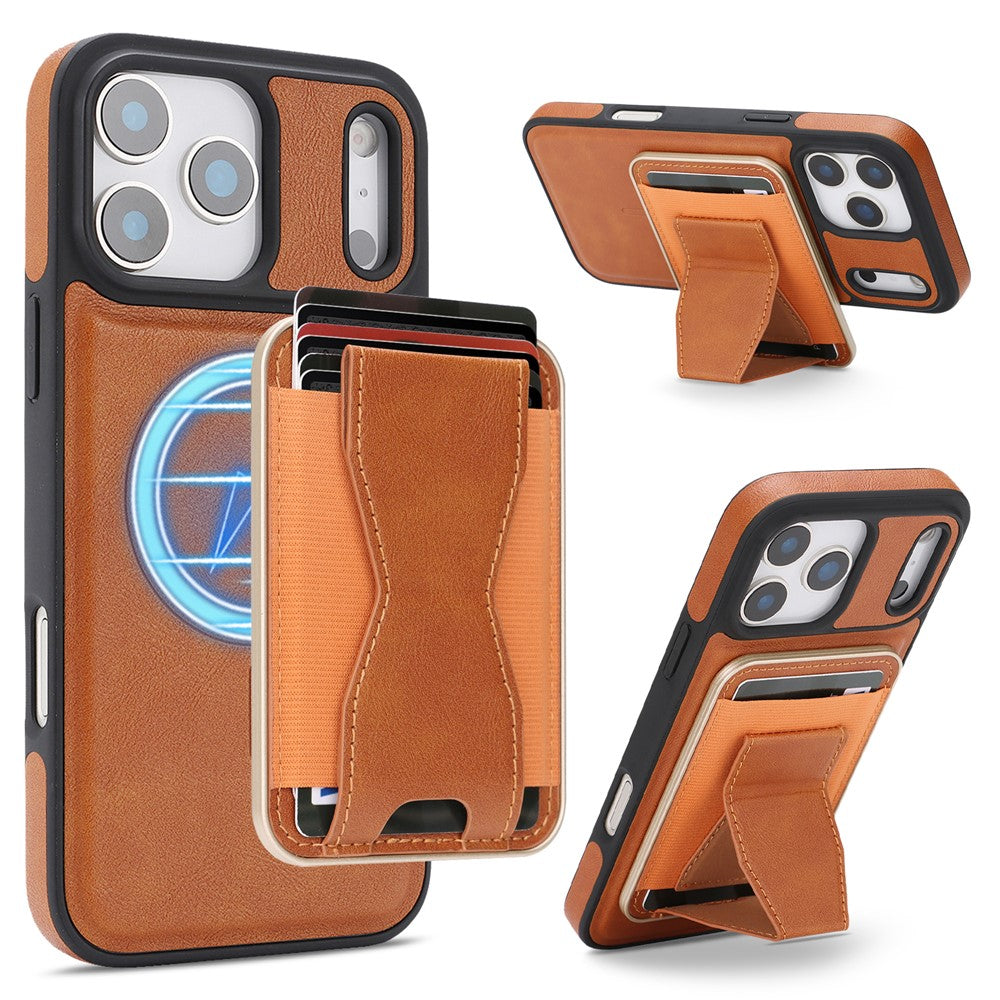 For iPhone 17 Pro Magnetic Case with Detachable Card Holder Kickstand TPU + PU Back Cover Compatible with MagSafe