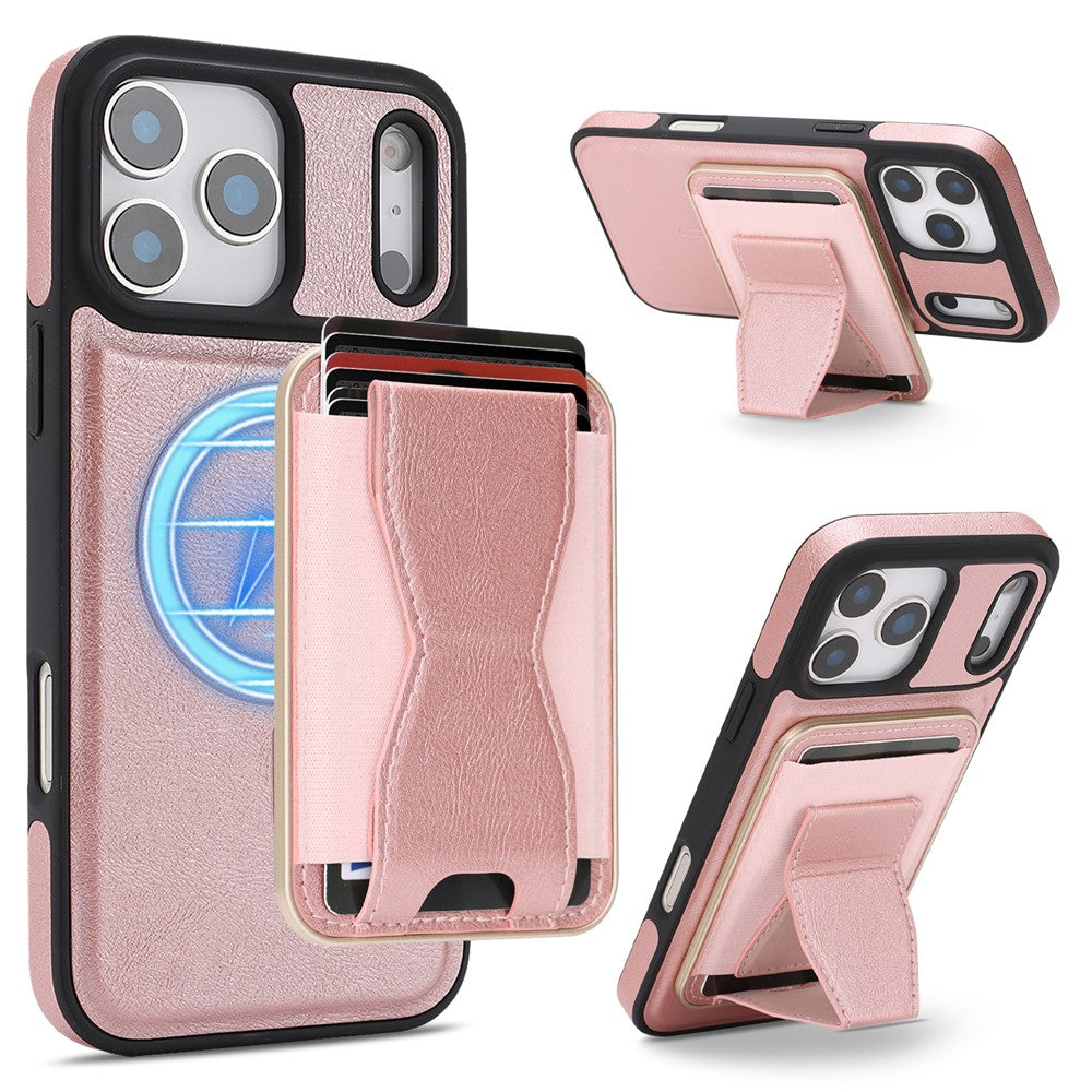 For iPhone 17 Pro Magnetic Case with Detachable Card Holder Kickstand TPU + PU Back Cover Compatible with MagSafe