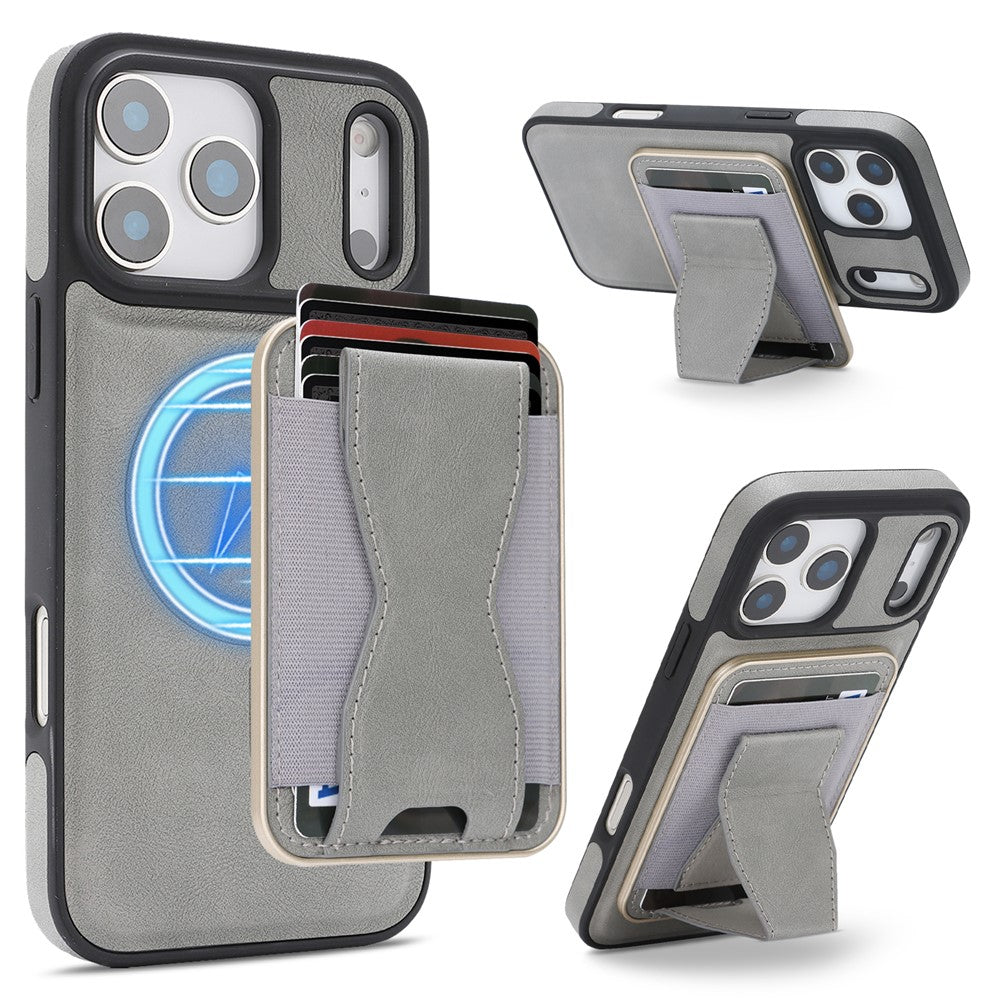 For iPhone 17 Pro Magnetic Case with Detachable Card Holder Kickstand TPU + PU Back Cover Compatible with MagSafe