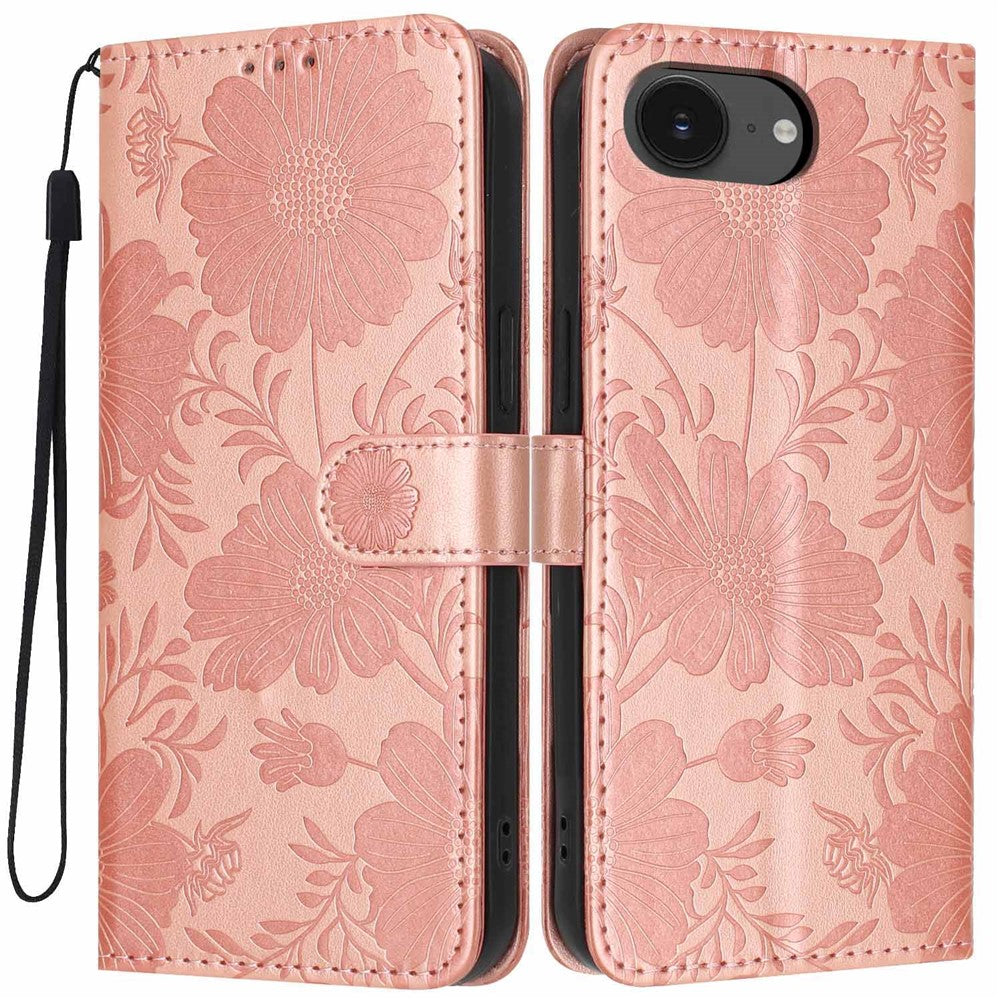 Pungcover til iPhone 17e / 16e med blomsterprint, PU-læder, standerfunktion og håndledsrem