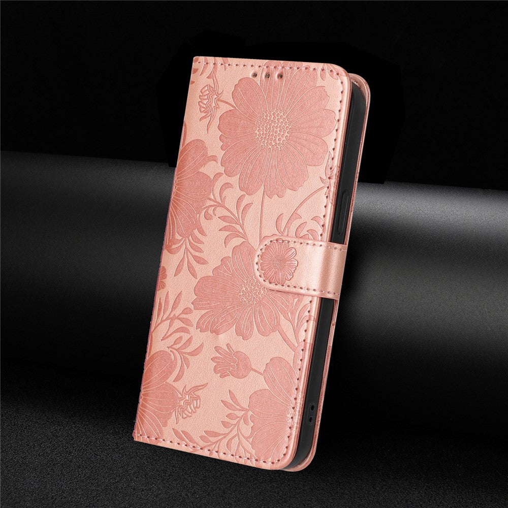 Pungcover til iPhone 17e / 16e med blomsterprint, PU-læder, standerfunktion og håndledsrem