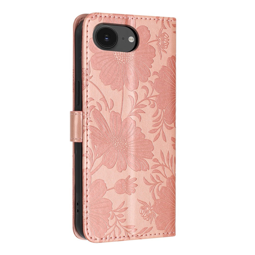 Pungcover til iPhone 17e / 16e med blomsterprint, PU-læder, standerfunktion og håndledsrem
