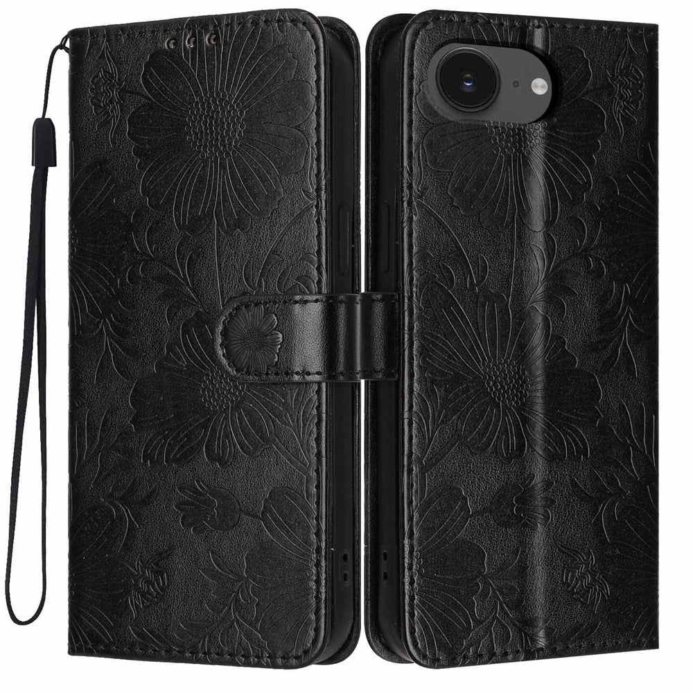 Pungcover til iPhone 17e / 16e med blomsterprint, PU-læder, standerfunktion og håndledsrem