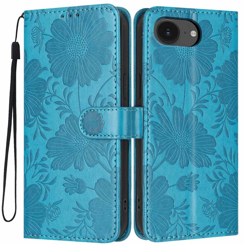 Pungcover til iPhone 17e / 16e med blomsterprint, PU-læder, standerfunktion og håndledsrem