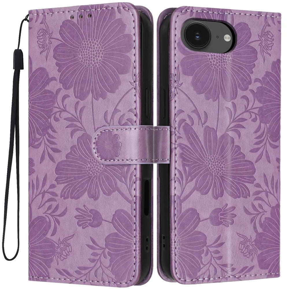 Pungcover til iPhone 17e / 16e med blomsterprint, PU-læder, standerfunktion og håndledsrem