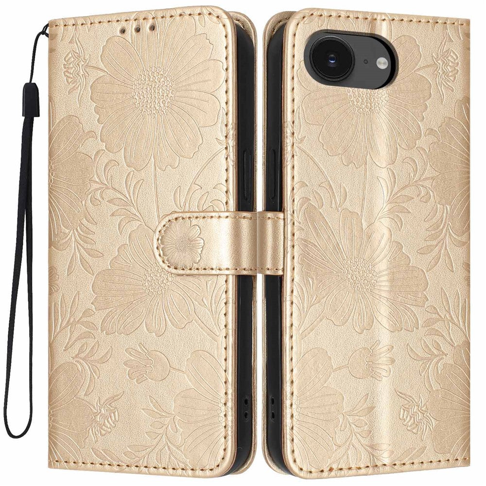 Pungcover til iPhone 17e / 16e med blomsterprint, PU-læder, standerfunktion og håndledsrem
