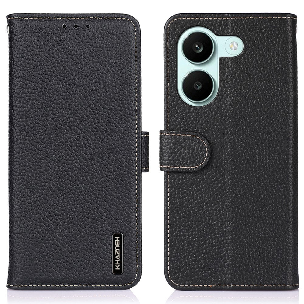 KHAZNEH tegnebogsetui i ægte koskind med litchi-overflade, flip-mobilcover til Xiaomi Redmi Turbo 5 5G / Poco X8 Pro 5G