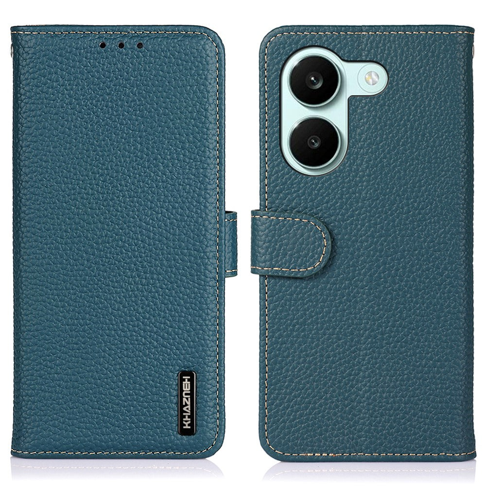KHAZNEH tegnebogsetui i ægte koskind med litchi-overflade, flip-mobilcover til Xiaomi Redmi Turbo 5 5G / Poco X8 Pro 5G