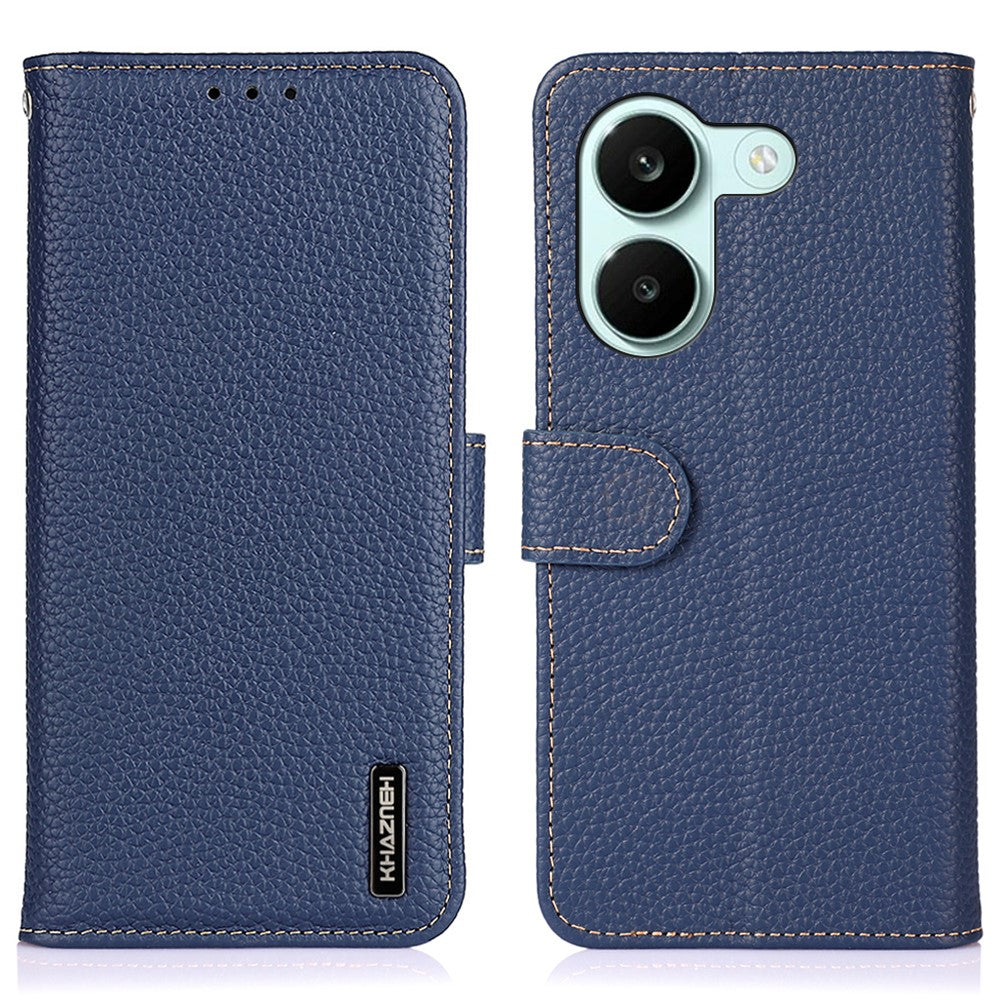 KHAZNEH tegnebogsetui i ægte koskind med litchi-overflade, flip-mobilcover til Xiaomi Redmi Turbo 5 5G / Poco X8 Pro 5G