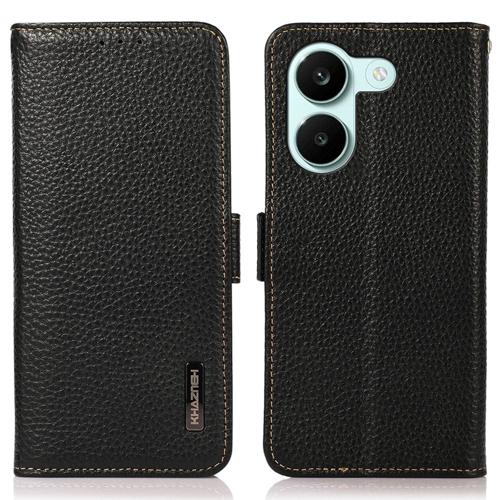 KHAZNEH for Xiaomi Poco X8 Pro 5G / Redmi Turbo 5 5G Phone Case Litchi Texture Genuine Cow Leather Cover RFID Blocking