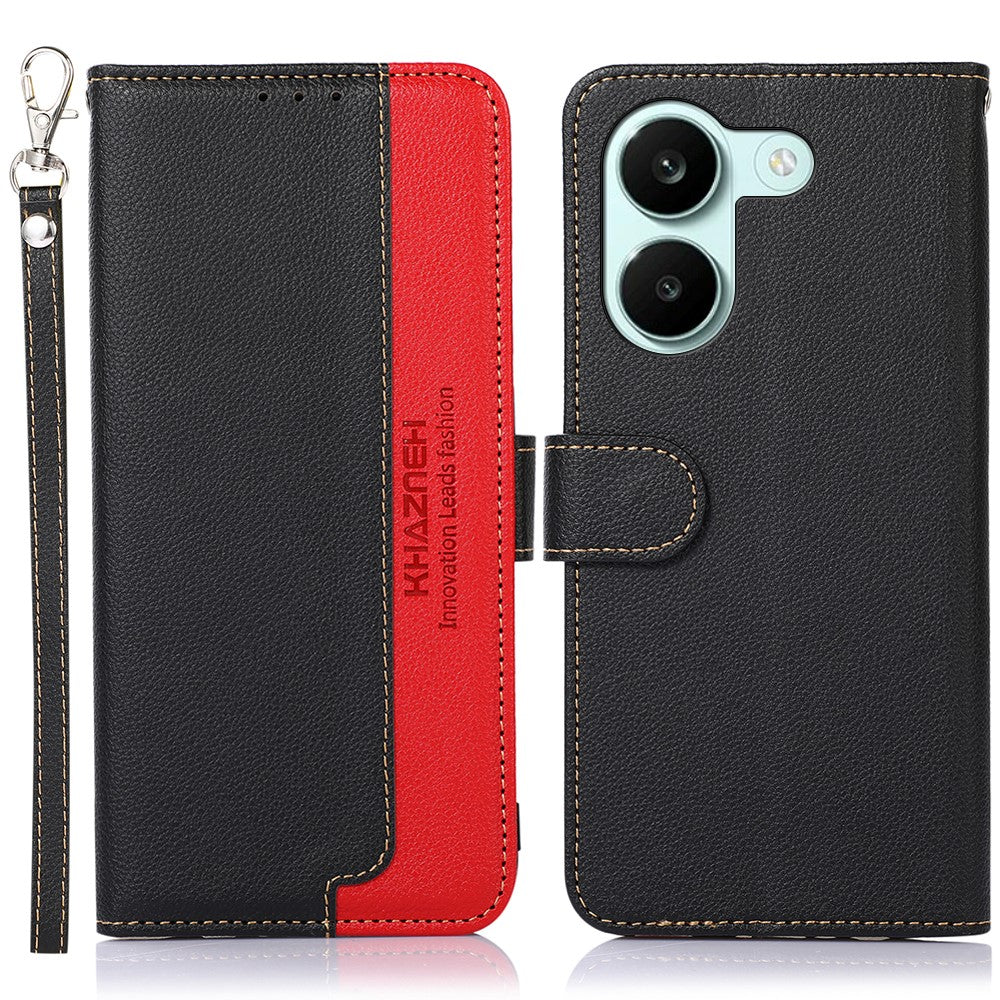 KHAZNEH Leather Case for Xiaomi Redmi Turbo 5 5G  /  Poco X8 Pro 5G RFID Blocking Wallet Litchi Texture PU Phone Cover with Strap