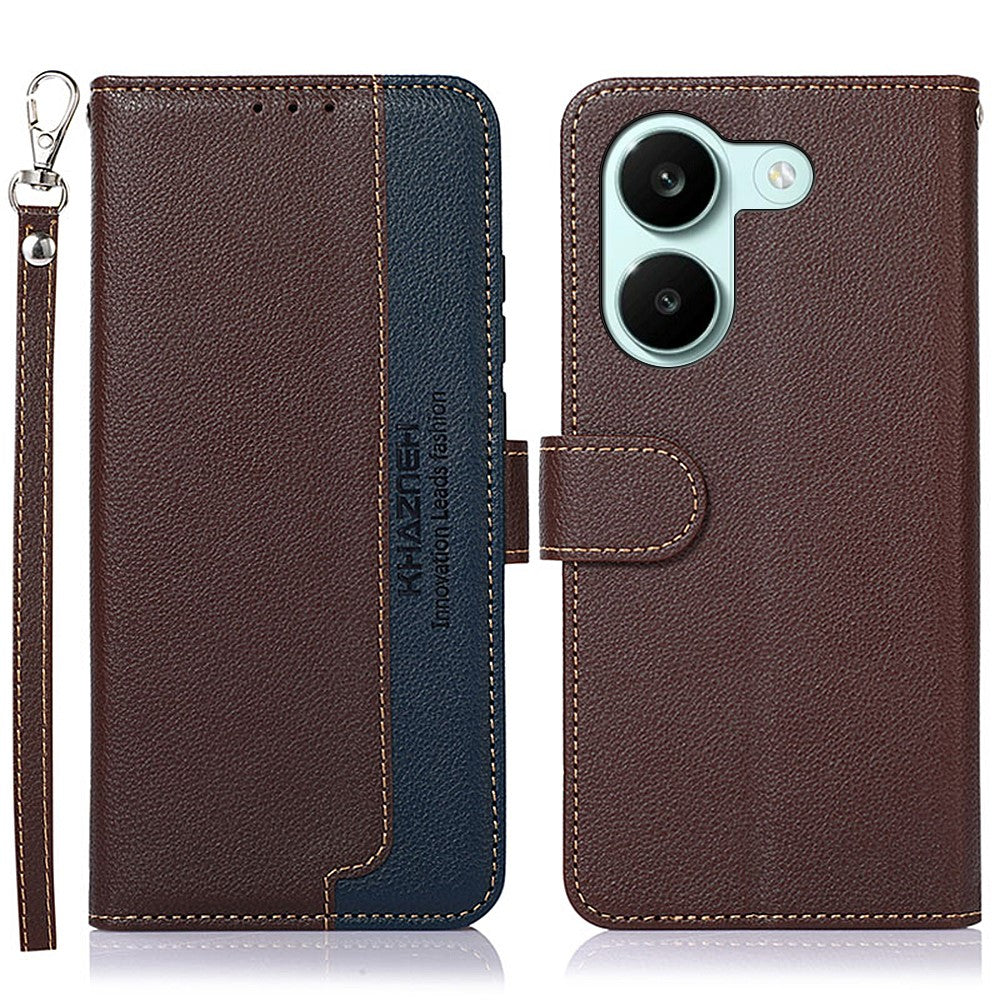 KHAZNEH Leather Case for Xiaomi Redmi Turbo 5 5G  /  Poco X8 Pro 5G RFID Blocking Wallet Litchi Texture PU Phone Cover with Strap