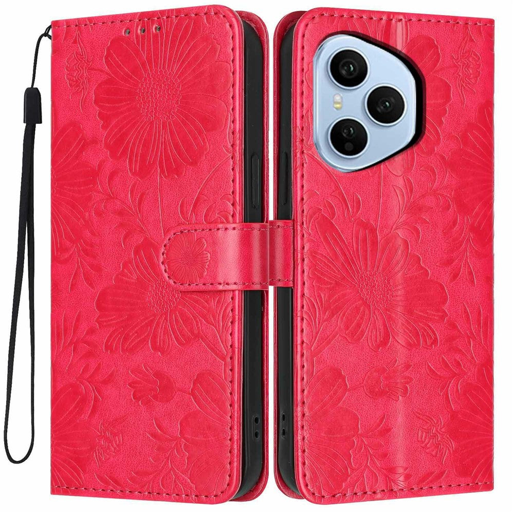 For Honor 400 Pro 5G (Global) Wallet Cover med præget blomster PU-læder Stand Flip Telefoncover med Håndrem