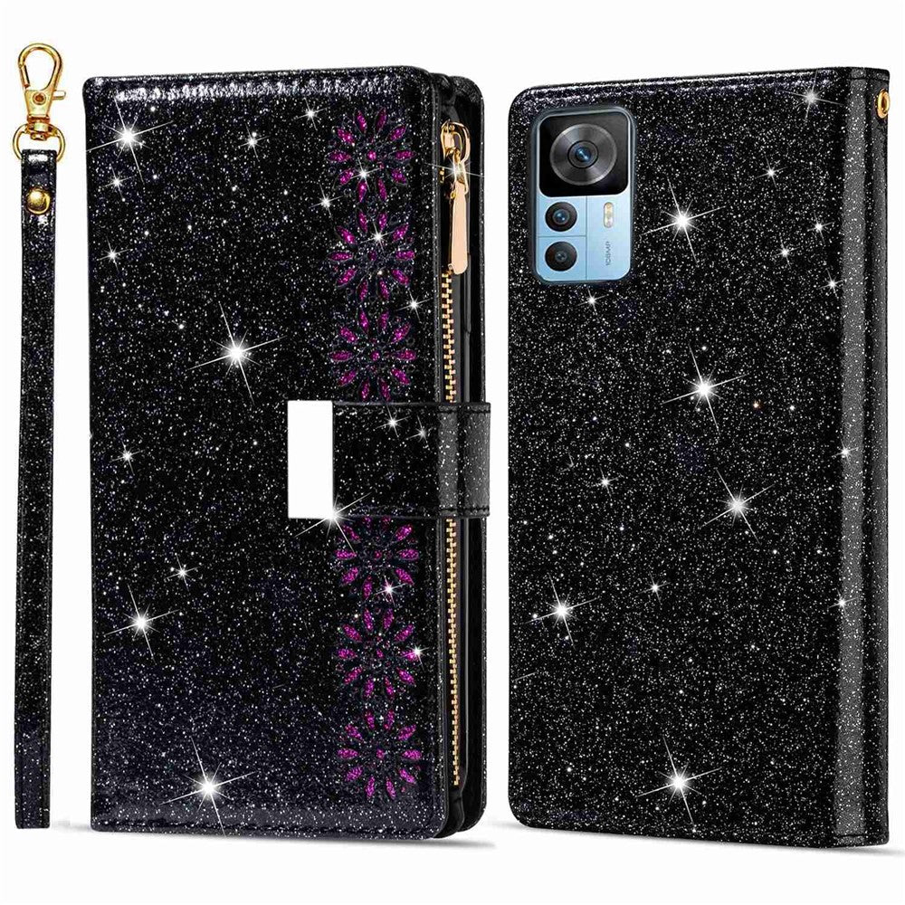 For Xiaomi 12T 5G / 12T Pro 5G / Redmi K50 Ultra 5G Zipper Wallet Stand Anti-drop PU Leather Phone Case Flip Laser Carving Glittery Starry Style Phone Cover with Strap