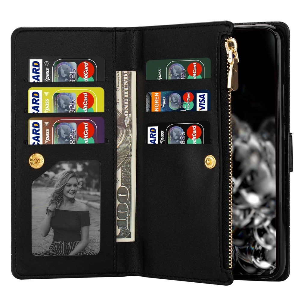 For Xiaomi 12T 5G / 12T Pro 5G / Redmi K50 Ultra 5G Zipper Wallet Stand Anti-drop PU Leather Phone Case Flip Laser Carving Glittery Starry Style Phone Cover with Strap