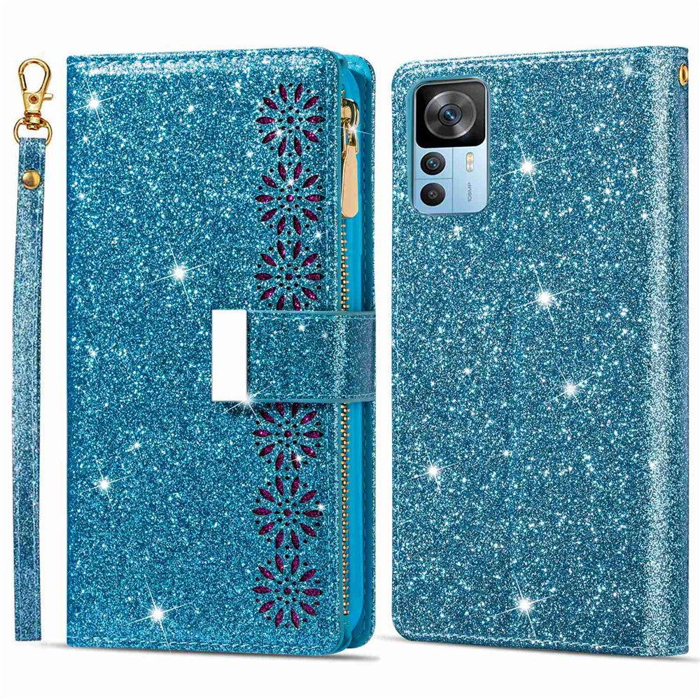 For Xiaomi 12T 5G / 12T Pro 5G / Redmi K50 Ultra 5G Zipper Wallet Stand Anti-drop PU Leather Phone Case Flip Laser Carving Glittery Starry Style Phone Cover with Strap