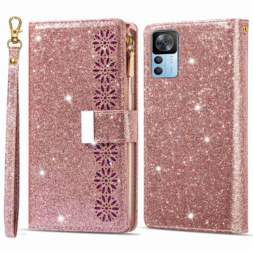 For Xiaomi 12T 5G / 12T Pro 5G / Redmi K50 Ultra 5G Zipper Wallet Stand Anti-drop PU Leather Phone Case Flip Laser Carving Glittery Starry Style Phone Cover with Strap