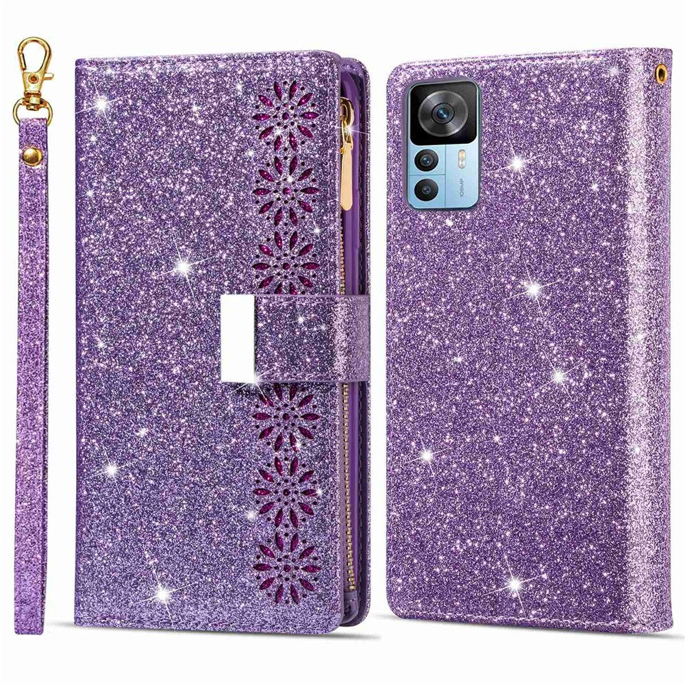 For Xiaomi 12T 5G / 12T Pro 5G / Redmi K50 Ultra 5G Zipper Wallet Stand Anti-drop PU Leather Phone Case Flip Laser Carving Glittery Starry Style Phone Cover with Strap