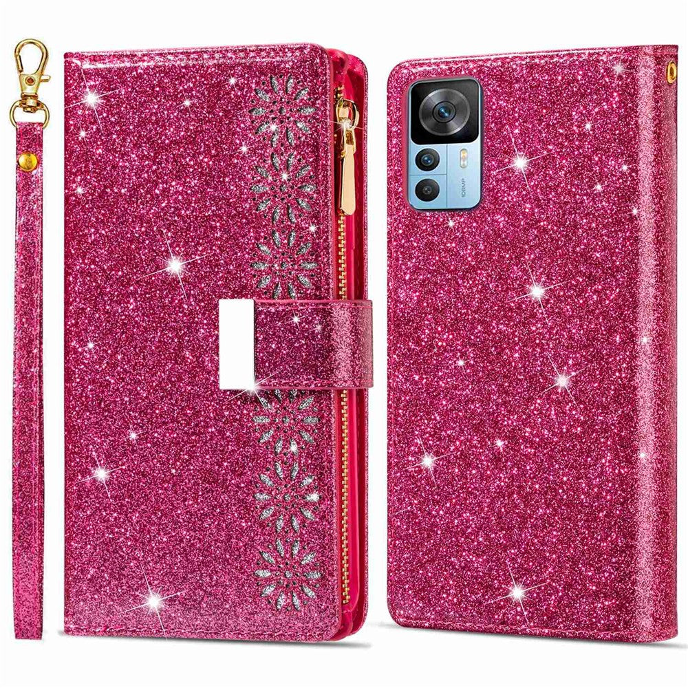 For Xiaomi 12T 5G / 12T Pro 5G / Redmi K50 Ultra 5G Zipper Wallet Stand Anti-drop PU Leather Phone Case Flip Laser Carving Glittery Starry Style Phone Cover with Strap
