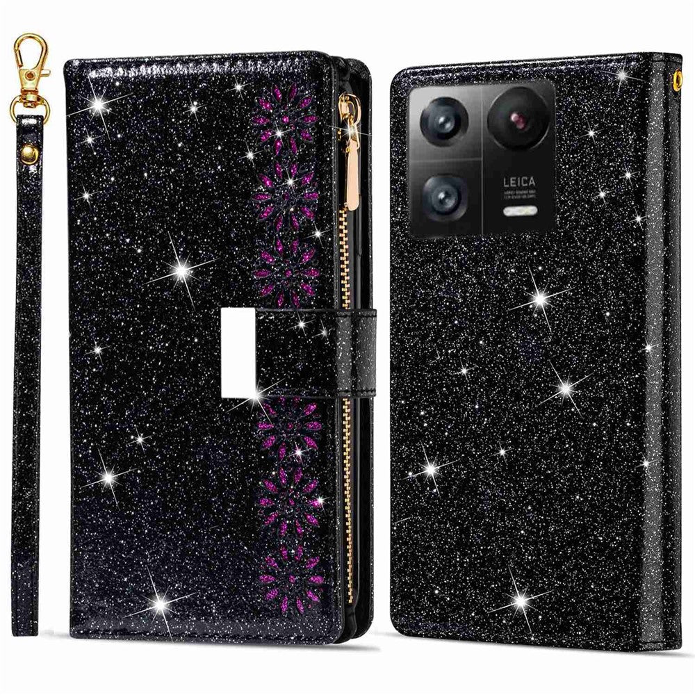 Xiaomi 13 Flip Phone Cover Laser Carving Glitter Starry Style Zipper Foldable Phone Case with Rem